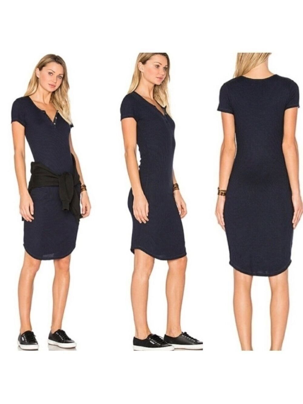 MONROW Monrow Short Sleeve Ribbed Henley Dress in Navy Blue